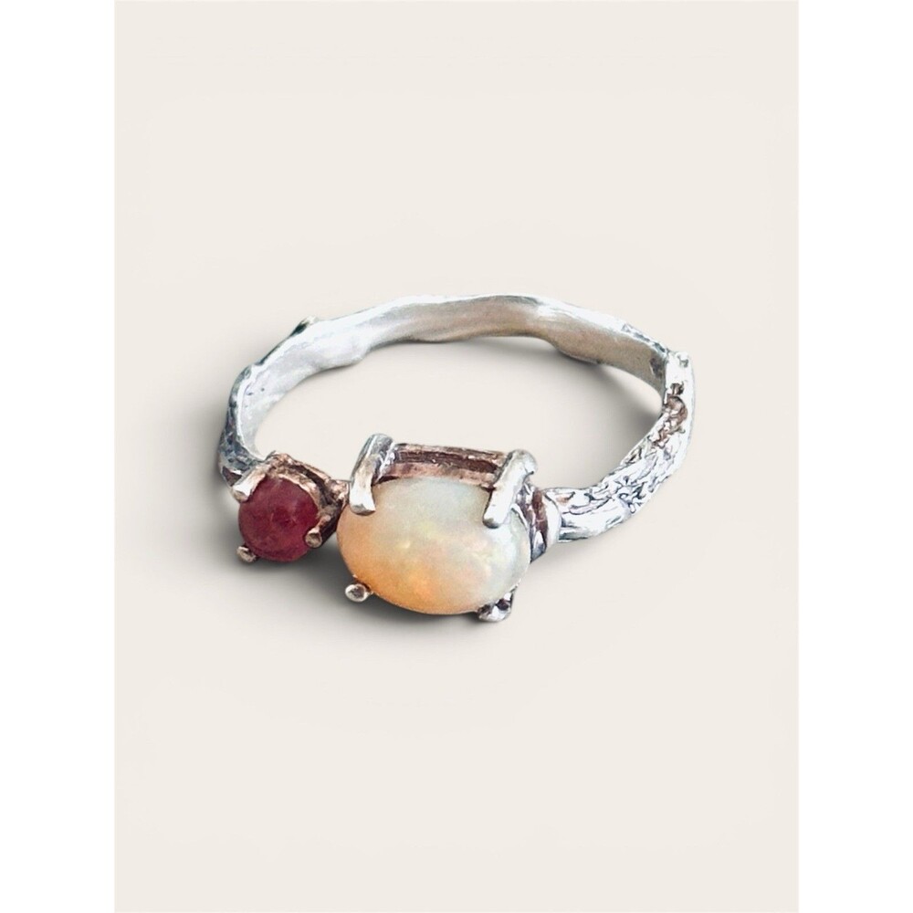Beautiful Natural Ethiopian Fire Opal 925 Sterling Silver Ring Sz 7.5 Tourmaline